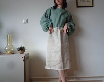 super soft linen skirt // elastic waist, midi, made from soft natural linen in creme,  with rough edge, ready to ship