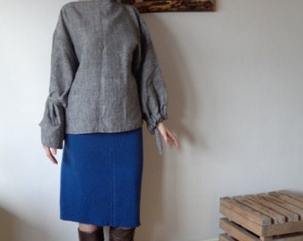 heavy wool skirt// elastic waist, long, slim, blue