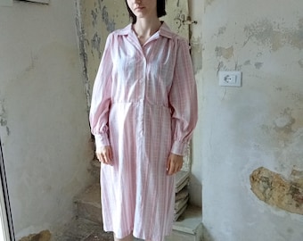 70s Vintage Plaid Shirt Dress, Pink Red White, Elastic Waist