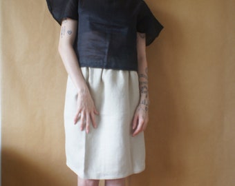 light ramie (vegan silk) top, blouse // boat neck, short fluffy sleeves, black