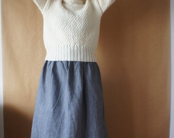 linen-silk skirt with elastic waist // midi, grey-blue, plaid, ready to ship
