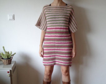 hand-knitted dress //  short, stripes, short sleeves, made from pure natural wool, ready to ship