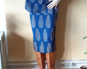 slim printed cotton skirt skirt // elastic waist, midi, indigo blue, paisley pattern, ready to ship