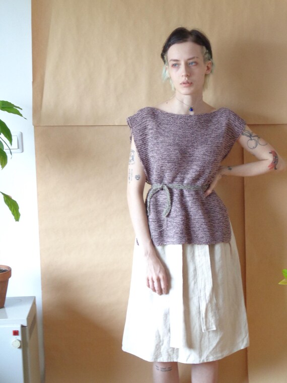Hand-Knitted Hemp-Cotton Vest, Belted Multicolor Top
