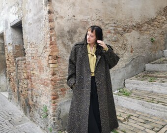 80年代ヴィンテージウール混紡コート、ロングヘリンボーンオーバー