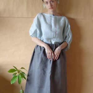 light linen gauze top / blouse // baloon sleeves, boatneck, light blue, ready to ship