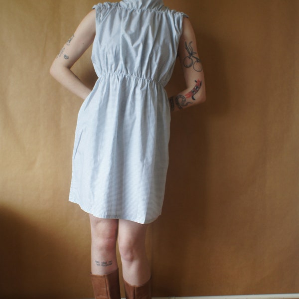 light vintage cotton dress // boatneck, sleeveless, plaid, white and baby blue, with elastic waist, can be used also as top, ready to ship