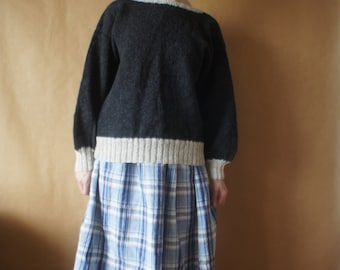 plaid linen skirt // elastic waist, extra wide and long, creme and blue, ready to ship