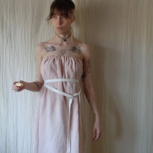 soft linen dress // pale pink, with belt, midi, elastic top, ready to ship