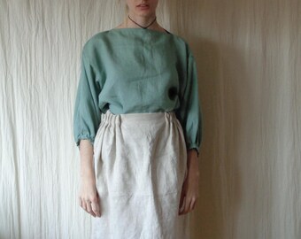 Soft Linen Blouse, Boat Neck Top, Gathered Sleeves, Made to Order