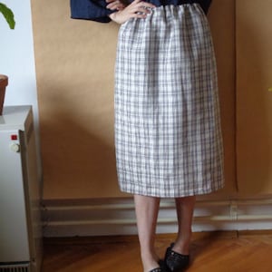 vintage cotton skirt // elastic waist, midi, plaid, creme-brown-blue, ready to ship