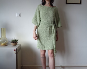 Hand-Knitted Cotton Midi Dress, Light Green with Belt