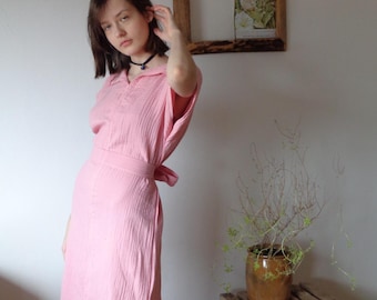 Rosa Baumwoll Gaze Midi Kleid, Ärmelloses Sommerkleid mit Gürtel