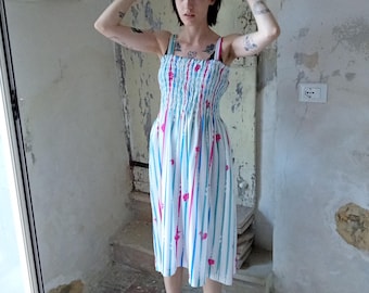Vintage Striped Floral Summer Dress, Multicolor Jersey, Elastic Top