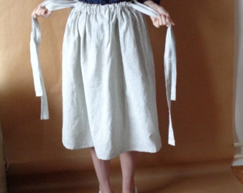 zachte linnen rok met strikbanden//midi, gestreept, groen-grijs-creme, klaar voor verzending