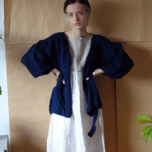 hand-knitted wool cardigan // made from latvian natural wool, dark blue, long, with belt, kimono sleeves, ready to ship