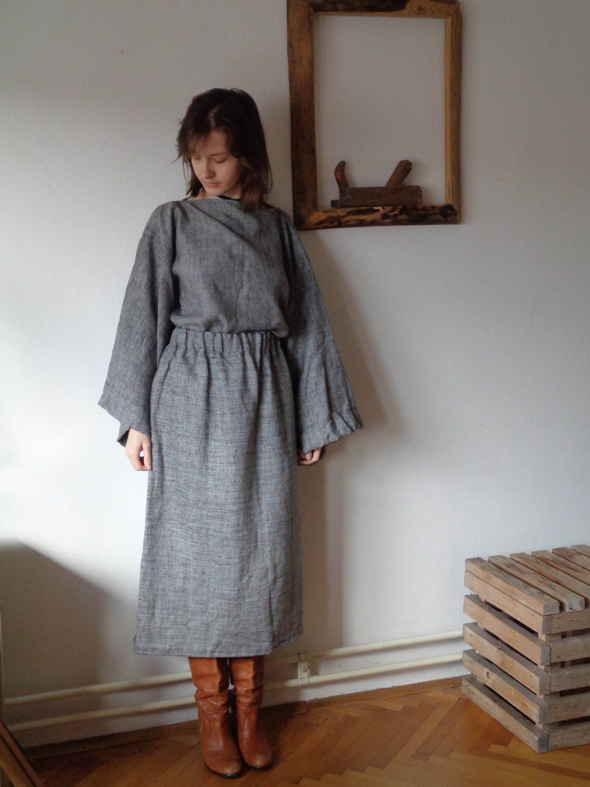 Linen-wool Top / Blouse // Wide Sleeves, Boat Necck
