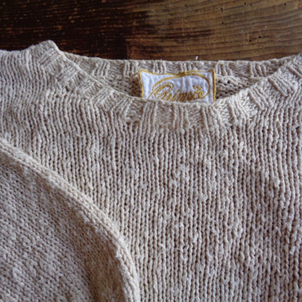 hand-knitted linen-cotton sweater // 3/4 sleeve, natural creme / beige, round neck, vintage item