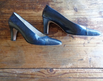 vintage schoenen // pumps, hoge hak, zeer zacht, echt leer, donker/zeeblauw, maat 5