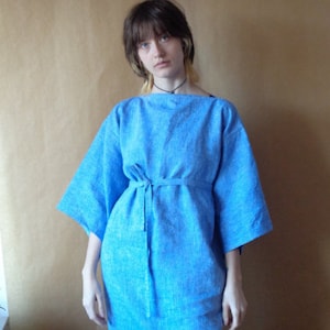 light cobalt blue linen dress // midi, spring, kimono sleeves, oversized, ready to ship