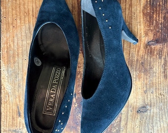 Vintage Black Suede Pumps, 80s Office Heels, Golden Decor, EU38, deadstock condition