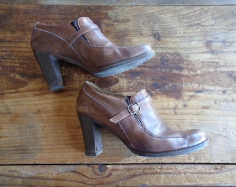 Vintage Brown Leather Ankle Boots, 70s High Heel, EU39