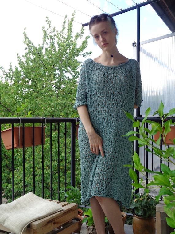 Hand-Knitted Sage Green Dress, Vintage Viscose, Silver Thread