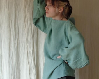 Sage Green Linen Blouse, Boat Neck, Long Sleeve Top