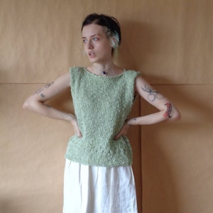 soft hand-knitted top // vintage cotton yarn, sleeveless, green, ready to ship