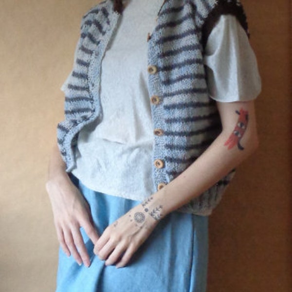 hand-knitted wool vest // natural herbal dyed wool, multi color, striped, grey, blue and brown, with wooden buttons, short, ready to ship