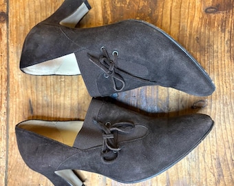 Vintage Choco Brown Suede High Heel Pumps, Romantic Lace Detail, EU39