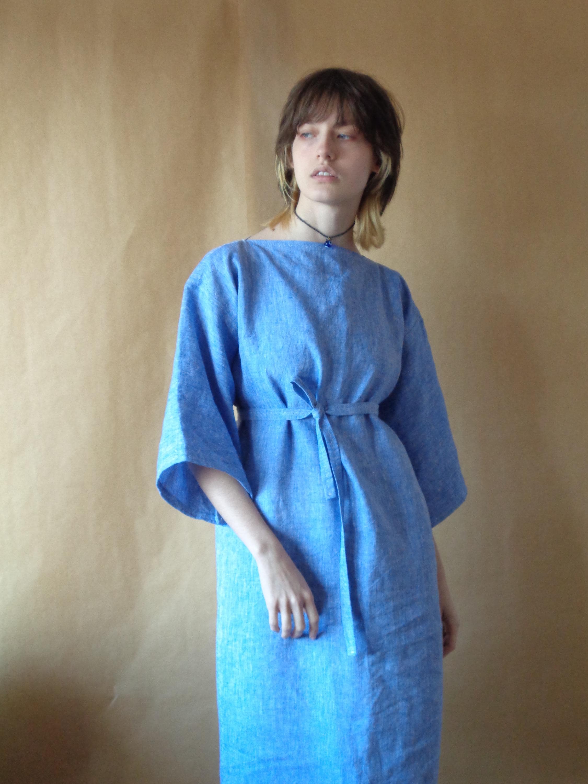 Cobalt Blue Linen Midi Dress, Kimono Sleeve Oversized Spring Dress