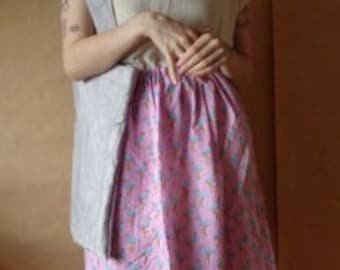 soft printed cotton skirt // elastic waist, midi, pink, flamingo pattern, ready to ship