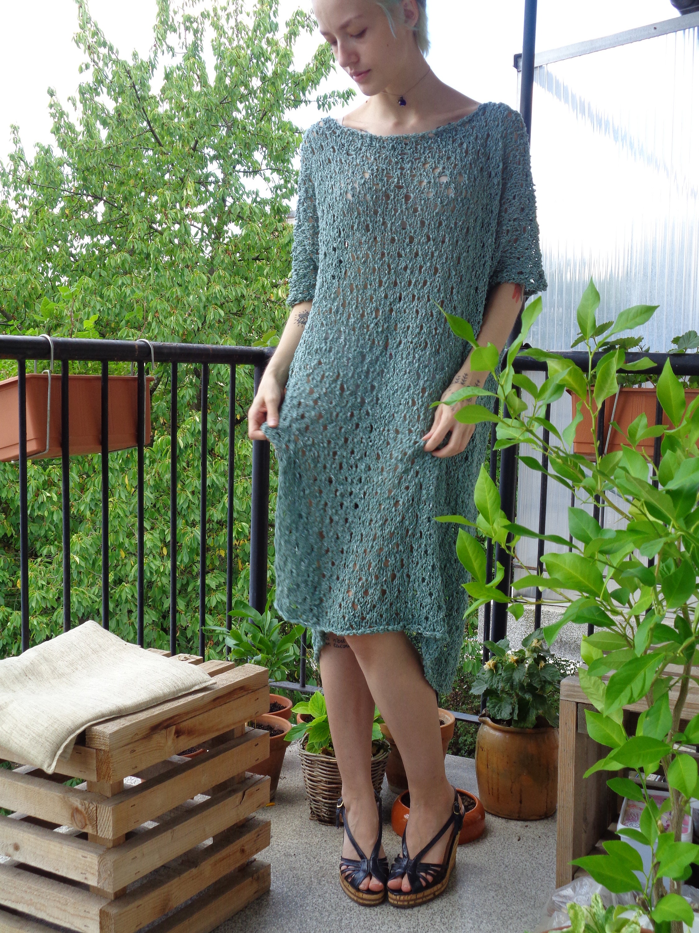 Hand-Knitted Sage Green Dress, Vintage Viscose, Silver Thread