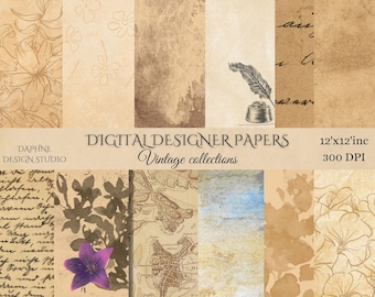 May include: A set of 12 digital paper designs in vintage style. The papers feature floral patterns, handwritten text, maps, and aged textures. Each paper is 12 inches by 12 inches and 300 DPI.