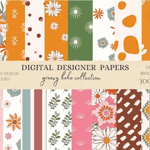 Groovy Boho Digital Papers, Scrapbook Paper, Seamless Pattern, Hippie Designer Paper, Background, 70s Flower Vintage, USA