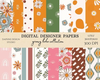 Groovy Boho Digital Papers, Scrapbook Paper, Seamless Pattern, Hippie Designer Paper, Background, 70s Flower Vintage, USA