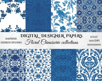 Floral Blue Chinoiserie Digital papers, Chinese Blue ceramic,Seamless pattern,vintage scrapbooking, commercial use, daphnedesign, USA Shops