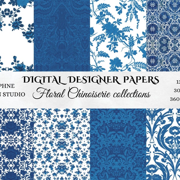 Floral Blue Chinoiserie Digital papers, Chinese Blue ceramic,Seamless pattern,vintage scrapbooking, commercial use, daphnedesign, USA Shops
