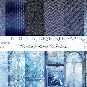 Winter glitter Snowflakes Digital Paper,White Snow Pack Seamless Christmas Card Patterns, printable scrapbook paper for commercial use
