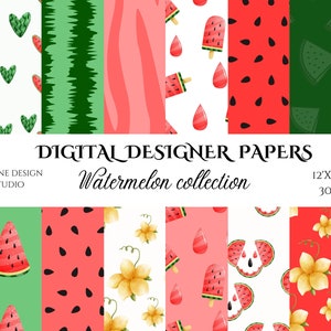 Watermelon digital paper, Watercolor Summer Background, Fruit Digital pattern, Heart party paper, Instant download, commercial use, USA shop
