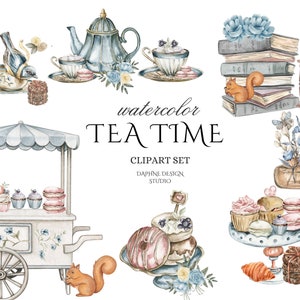 Vintage Blue Tea time Clipart, Floral Teacup Png, Antique Tea Time Party, Watercolor Teapot, Scrapbooking, Junk Journal, commercial use, USA