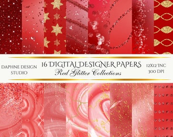 May include: 16 digital designer papers in a red and gold glitter theme. The papers are 12x12 inches and 300 DPI.