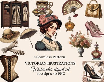 Victorian Illustrations, watercolor victorian clipart, Antique Romance PNG, Junk Journal, watercolor vintage elements, old style, scrapbook
