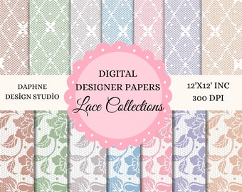 May include: Set of 8 digital paper designs featuring white lace patterns with different colored backgrounds. The patterns include floral designs and geometric shapes. The papers are 12x12 inches and 300 DPI.