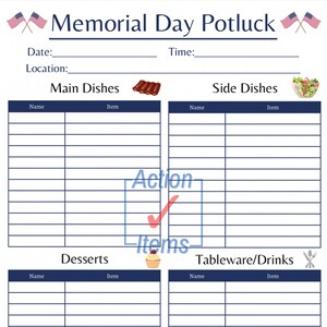 May include: A printable Memorial Day potluck sign-up sheet with sections for main dishes, side dishes, desserts, and tableware/drinks. The sheet has a blue and white color scheme with American flag graphics.