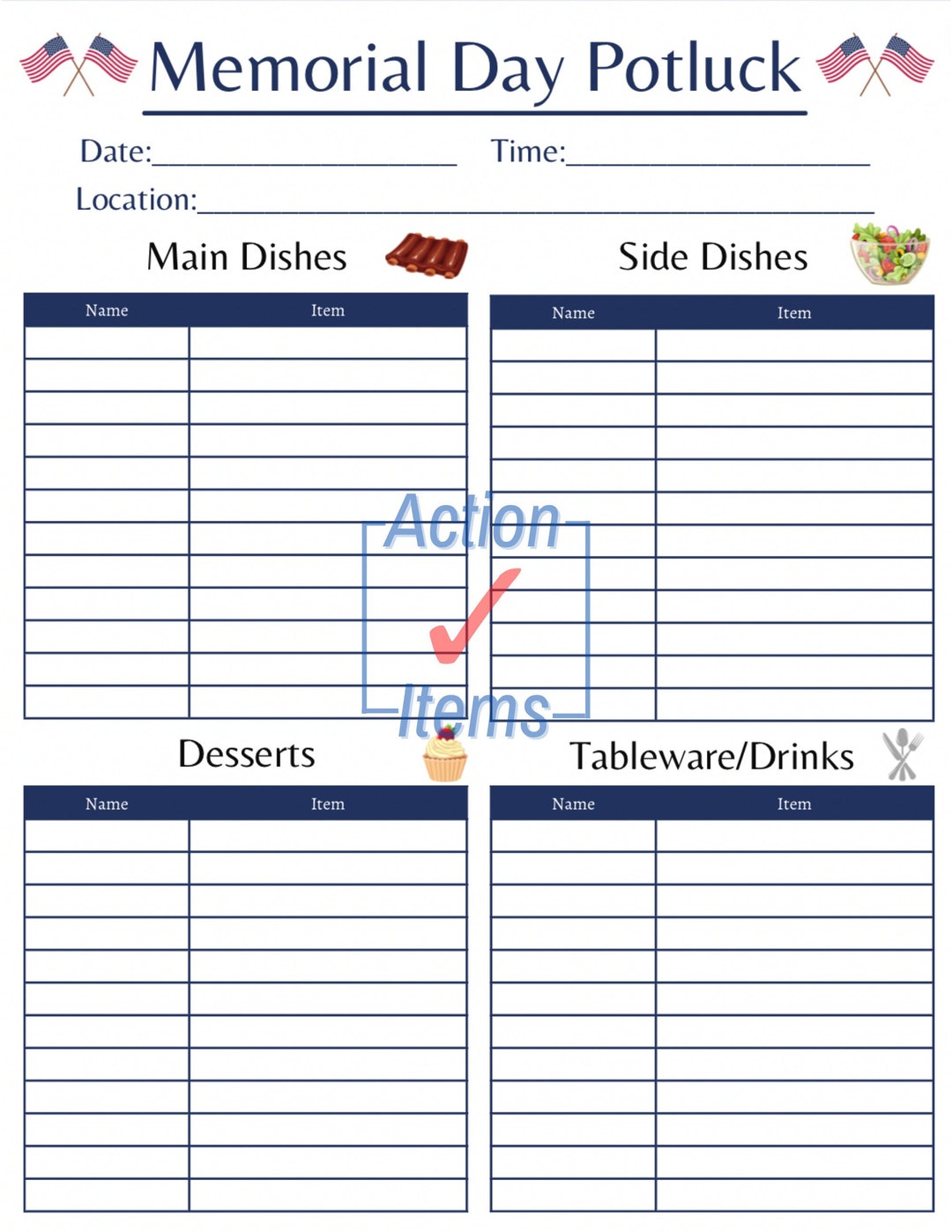 Memorial Day Potluck Planner Etsy