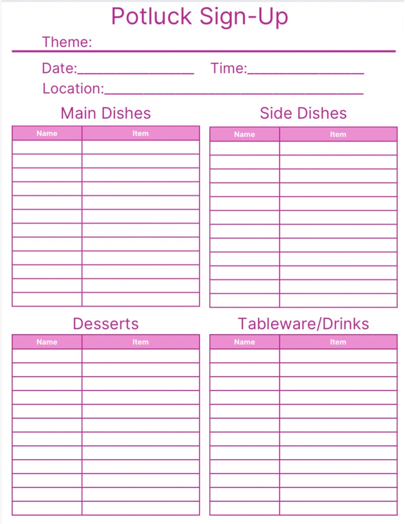 Printable Potluck Sign up Sheet Bundle - Etsy