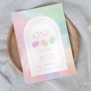 1st Birthday Invitation | Colorful Baby Birthday | Marshmallow Invitation | First Birthday | Simple Birthday |  Rainbow Baby Invitation