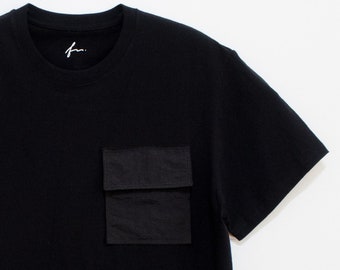 Men's Black Cargo Pocket T-Shirt. Nylon Flap Pocket. Minimalist Black Tee. Premium Cotton. Shot Sleeve T Shirt.